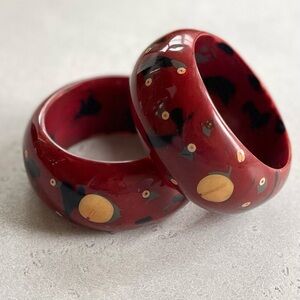 Set of 2 Chunky Burgundy Red Acrylic Black Gray Wooden Inlay Bangles Bracelets